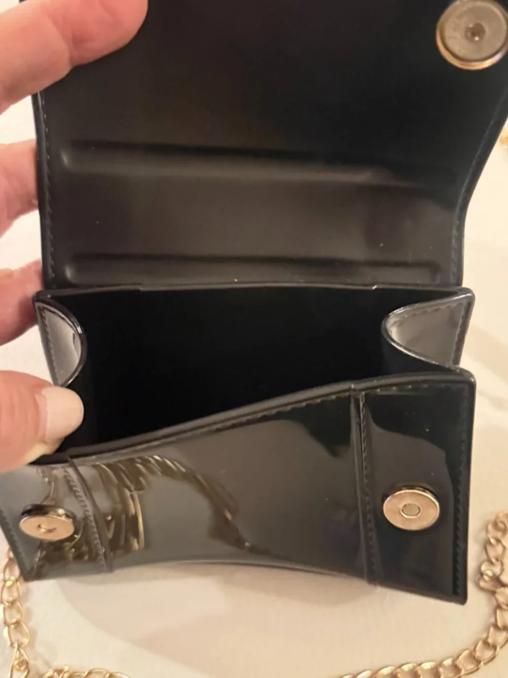 MINI HOURGLASS TOP HANDLE CROSSBODY BAG BLACK PATENT JELLY PURSE W CHAIN